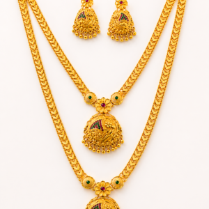 Premium Dual Layer Temple Necklace Set – Gold Finish (Green & Ruby Stones)